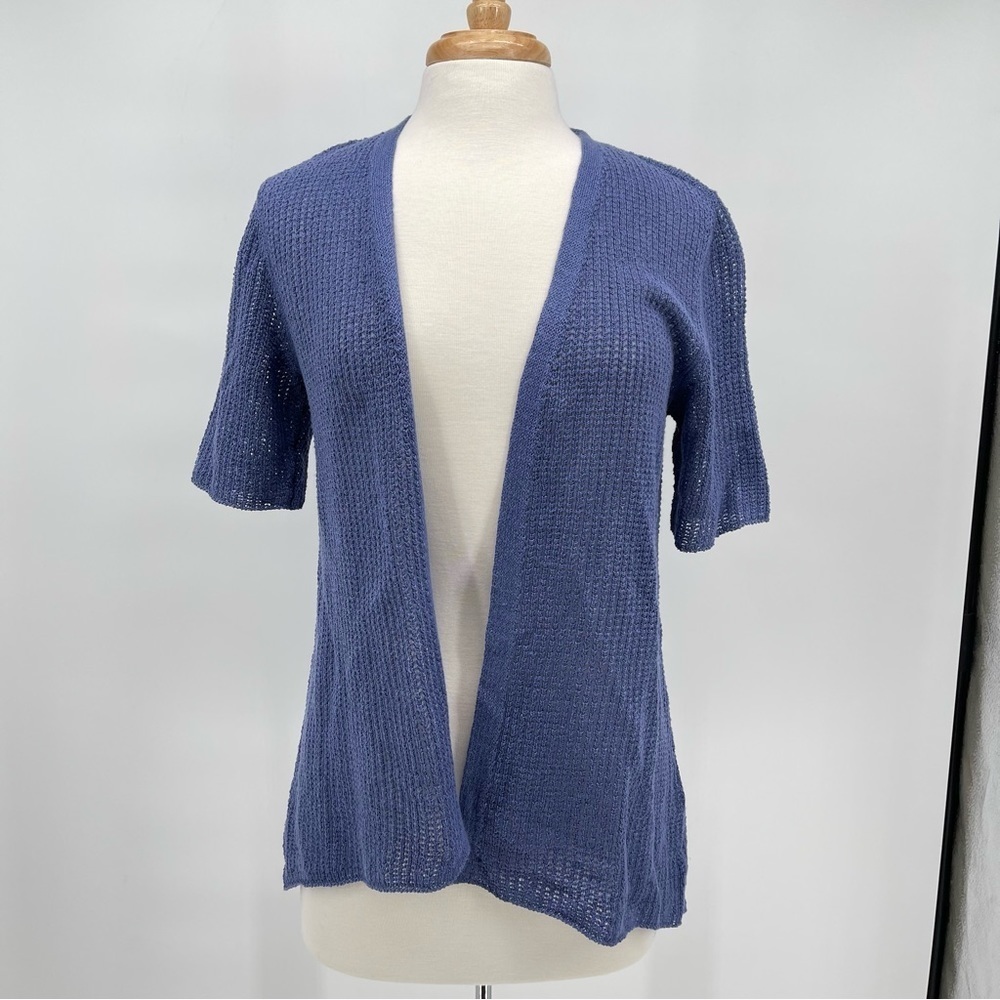 EILEEN FISHER Short Sleeve Open Front Cardigan Blue Medium
